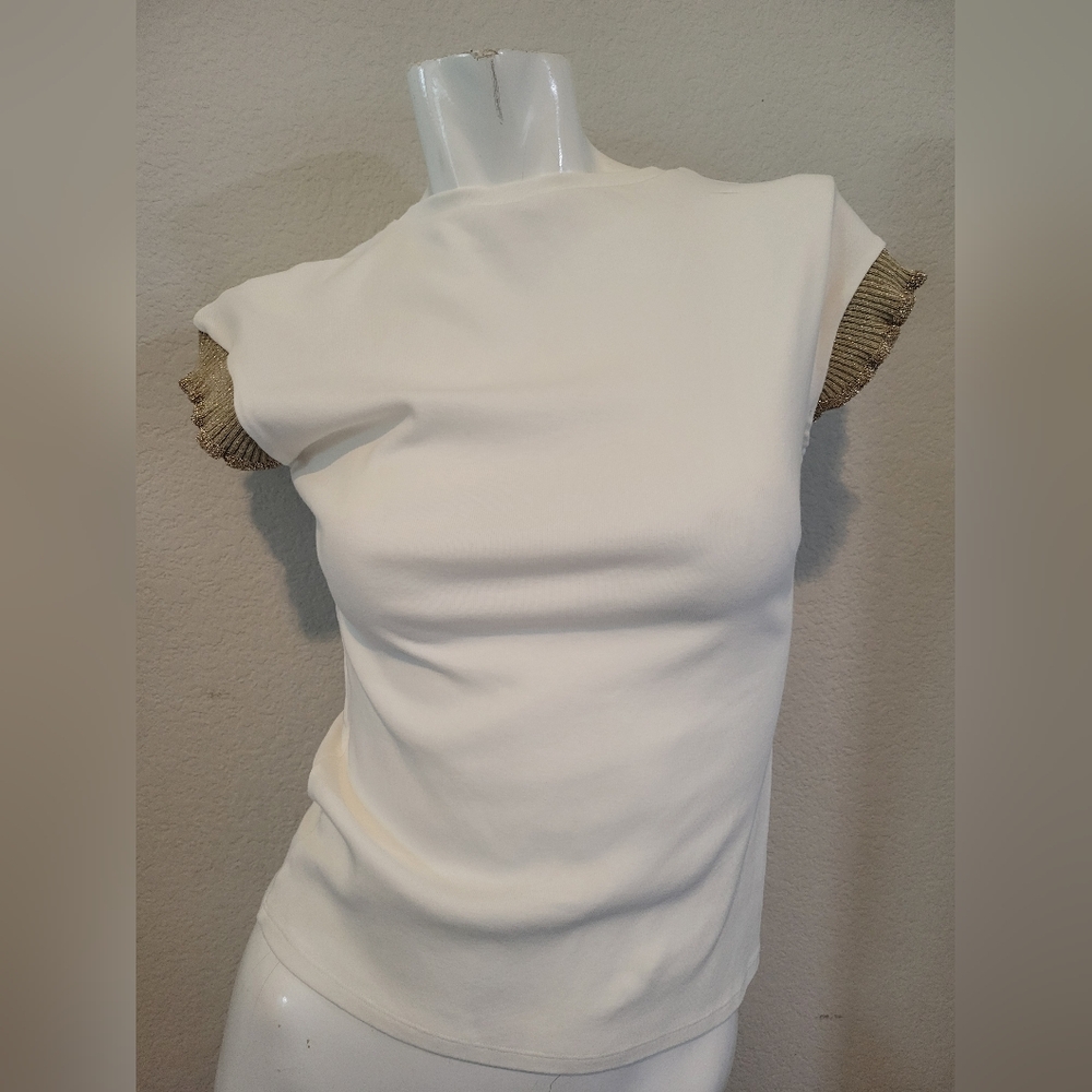 Zara White Short Sleeve Tee with Gold Trim Sleeves